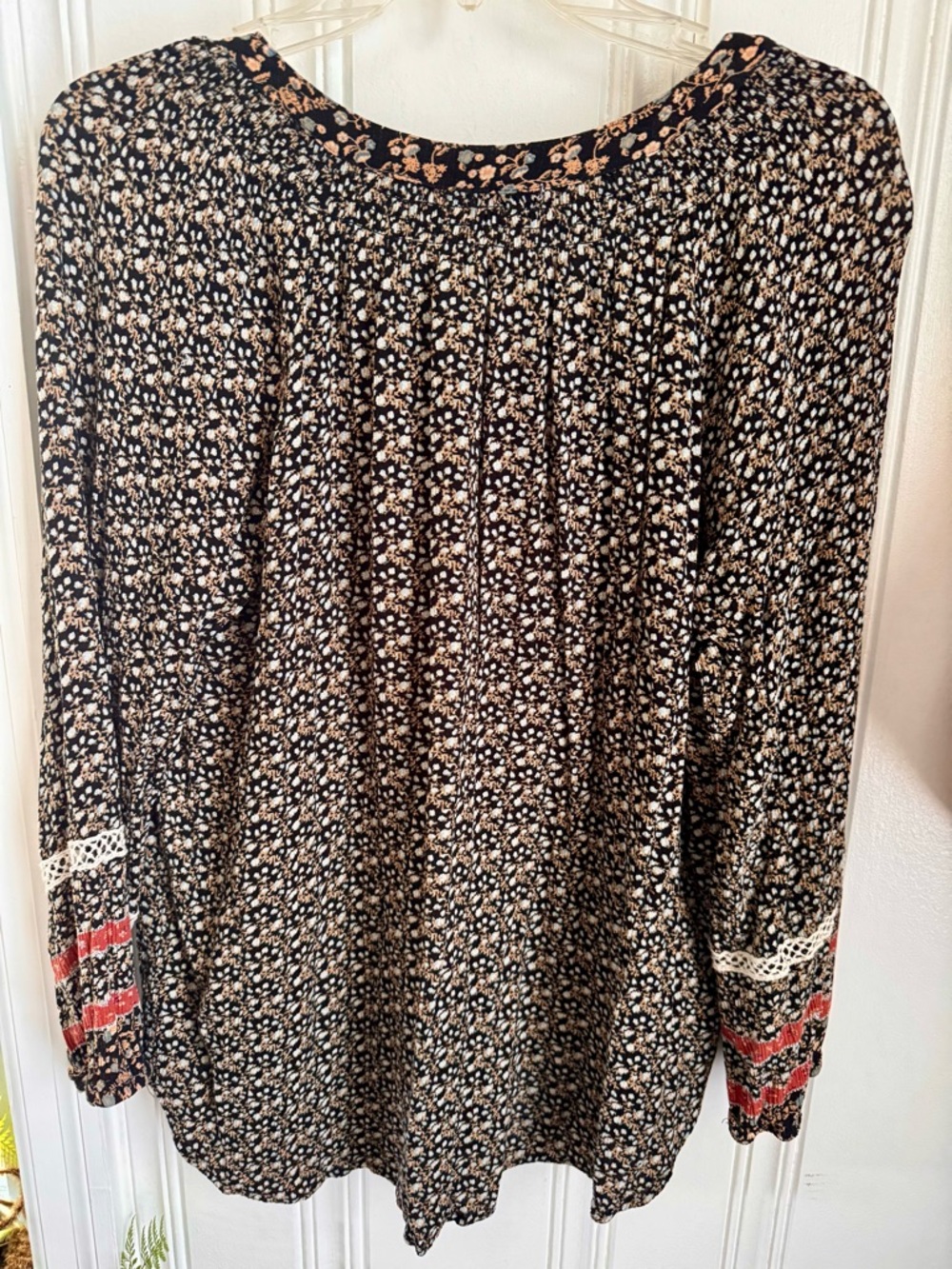 Mason & Belle Black Floral Long-Sleeve Peasant Top with Coral Accent - Picture 2 of 9